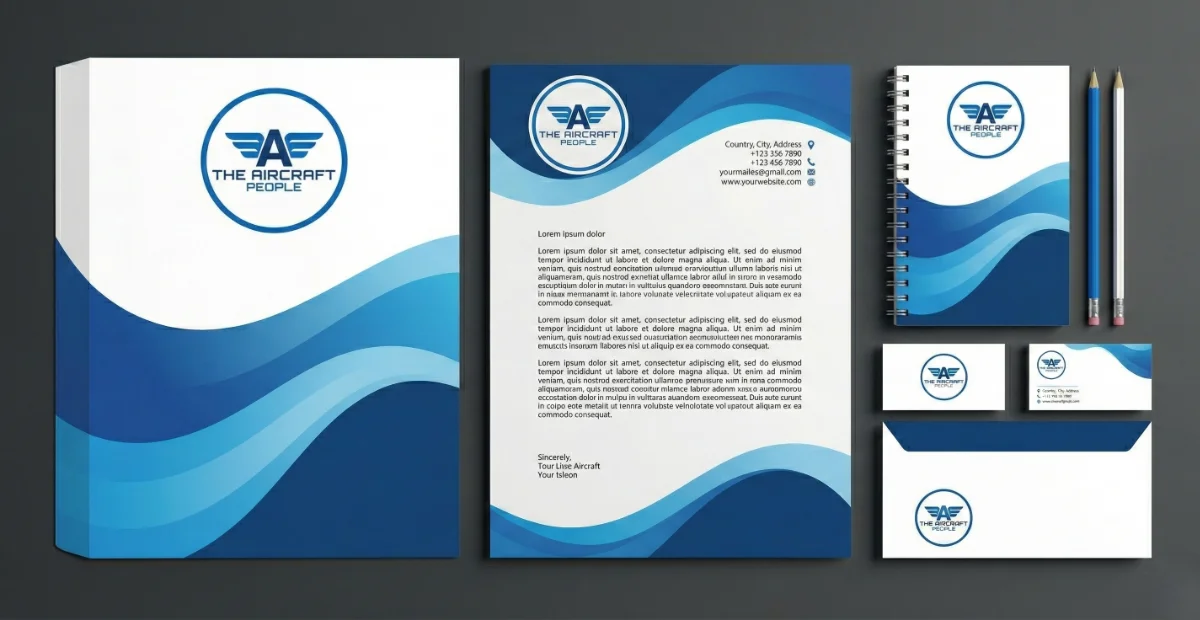 Aviation company branded stationery design featuring letterhead, business cards, notebook, envelope, and pen in blue corporate identity style