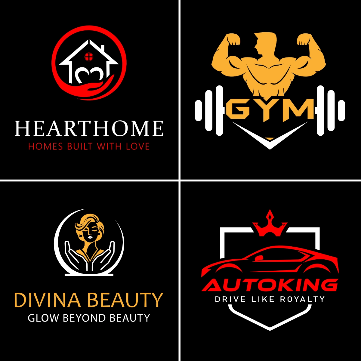 Bold modern logo design portfolio featuring real estate, gym fitness, beauty, and automotive brand logos