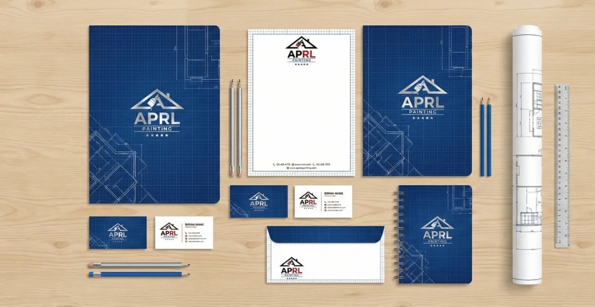 Construction company stationery design for APRL Painting including business cards, letterhead, notebook, envelope, and branded office items