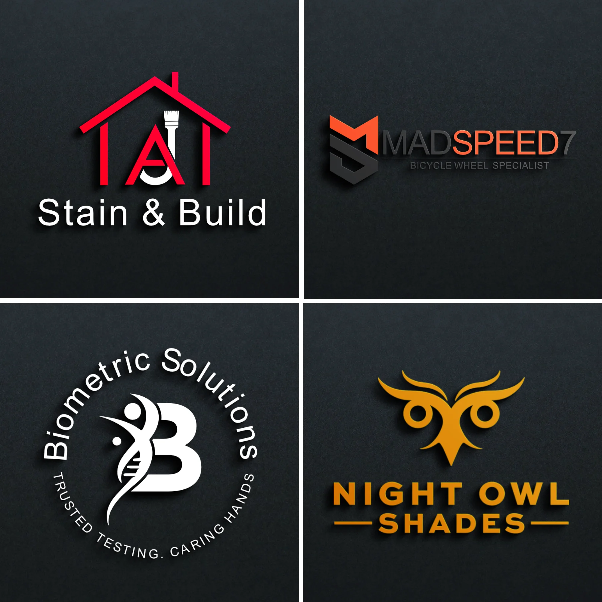 Custom logo design set with construction, sports cycling, biometric healthcare, and eyewear brand logos