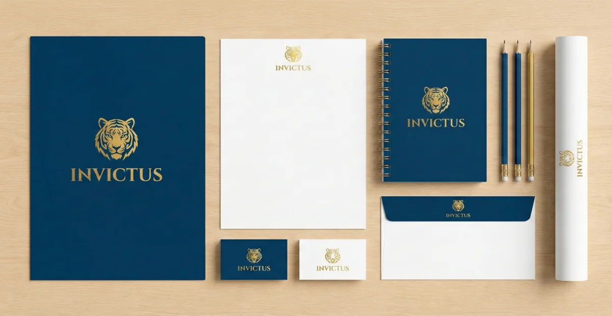 Invictus luxury brand stationery design including letterhead, notebook, envelope, business cards, and branded office accessories