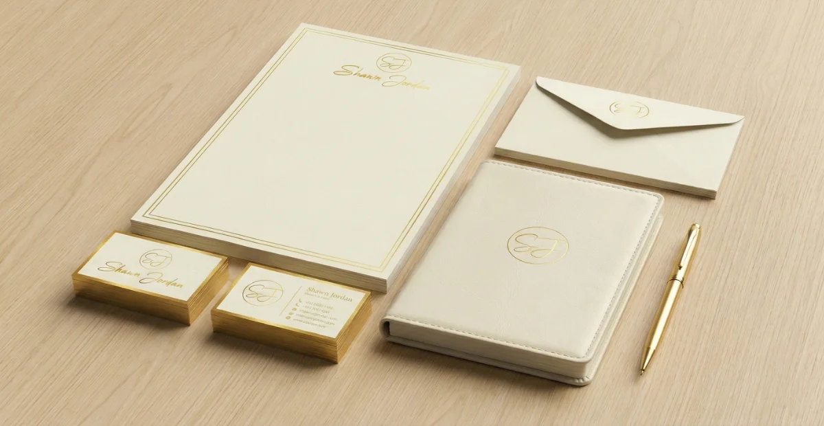 Luxury personal brand stationery set featuring premium letterhead, business cards, notebook, envelope, and gold pen on minimal background