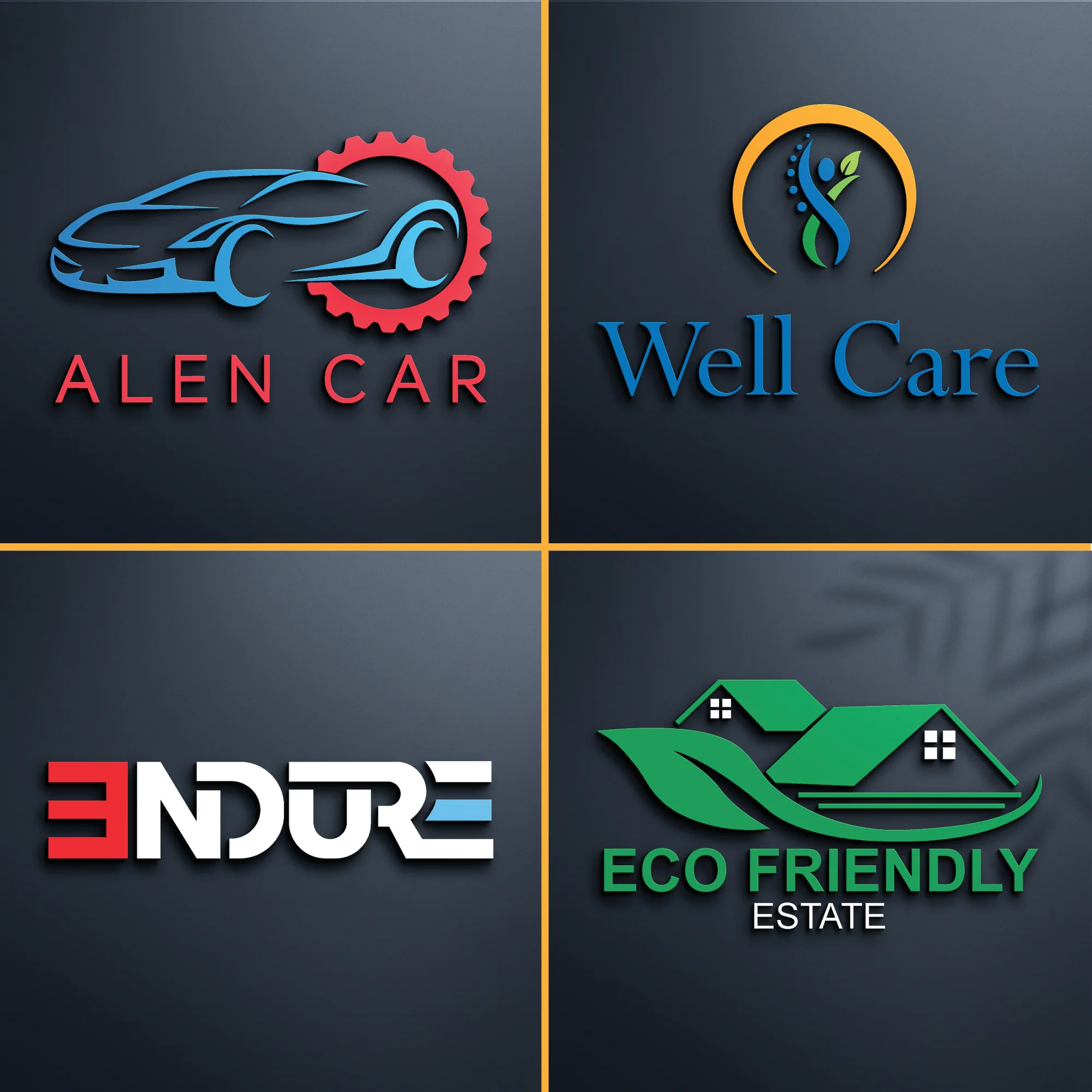 Modern logo design portfolio featuring automotive, healthcare, tech, and real estate brand logos