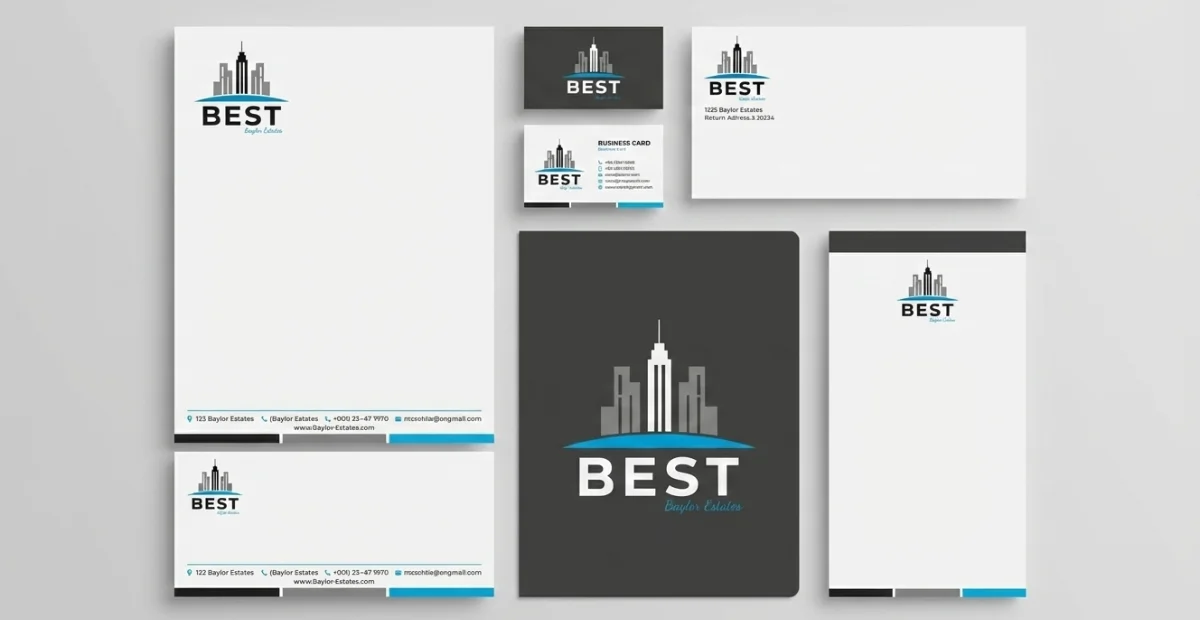 Real estate brand stationery design featuring letterhead, business cards, envelope, and folder for BEST Baylar Estates