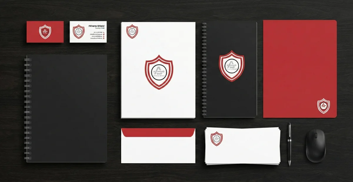 Security company stationery design featuring shield logo on letterhead, notebook, envelope, business cards, and corporate stationery set