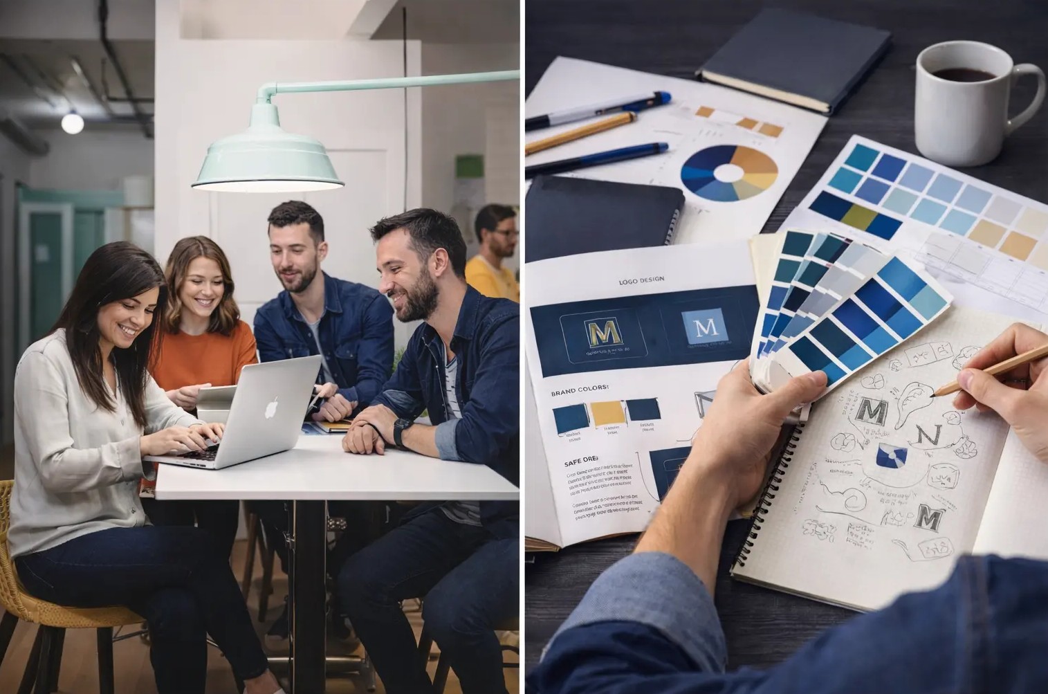 Brand identity design process with a creative team meeting and logo sketching session