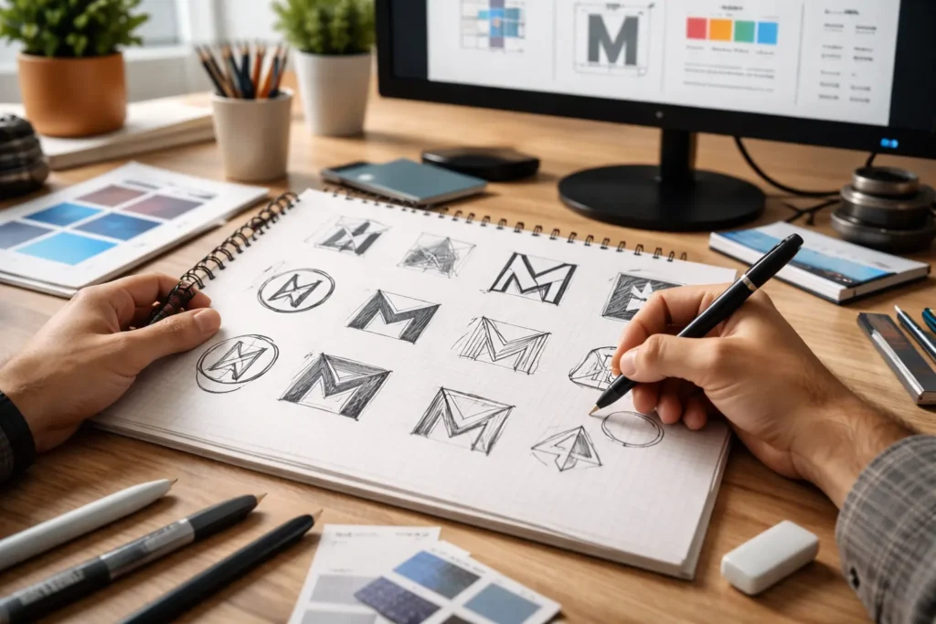 Designer sketching custom logo concepts in a notebook with brand guidelines and color palette on a modern workspace desk