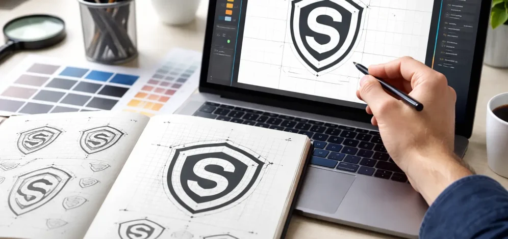 Designer refining a logo by adjusting vector points on a laptop with sketchbook concepts and color palette on a modern desk